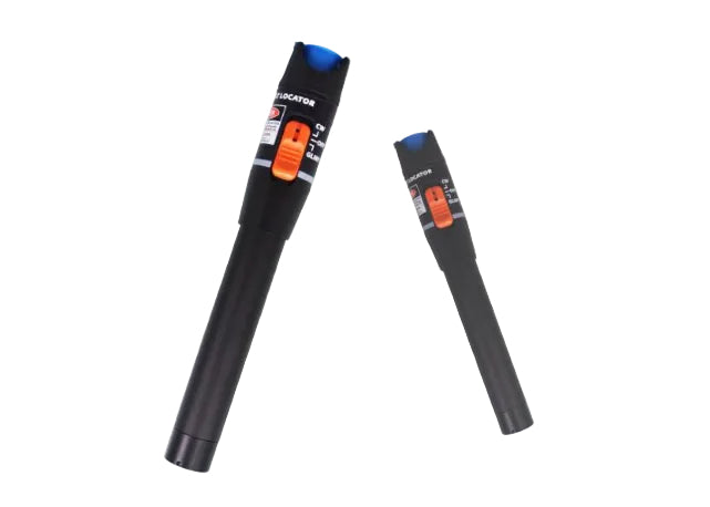 Two black laser pointers with blue laser beams on a light gray background
