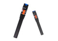 Two black laser pointers with blue laser beams on a light gray background